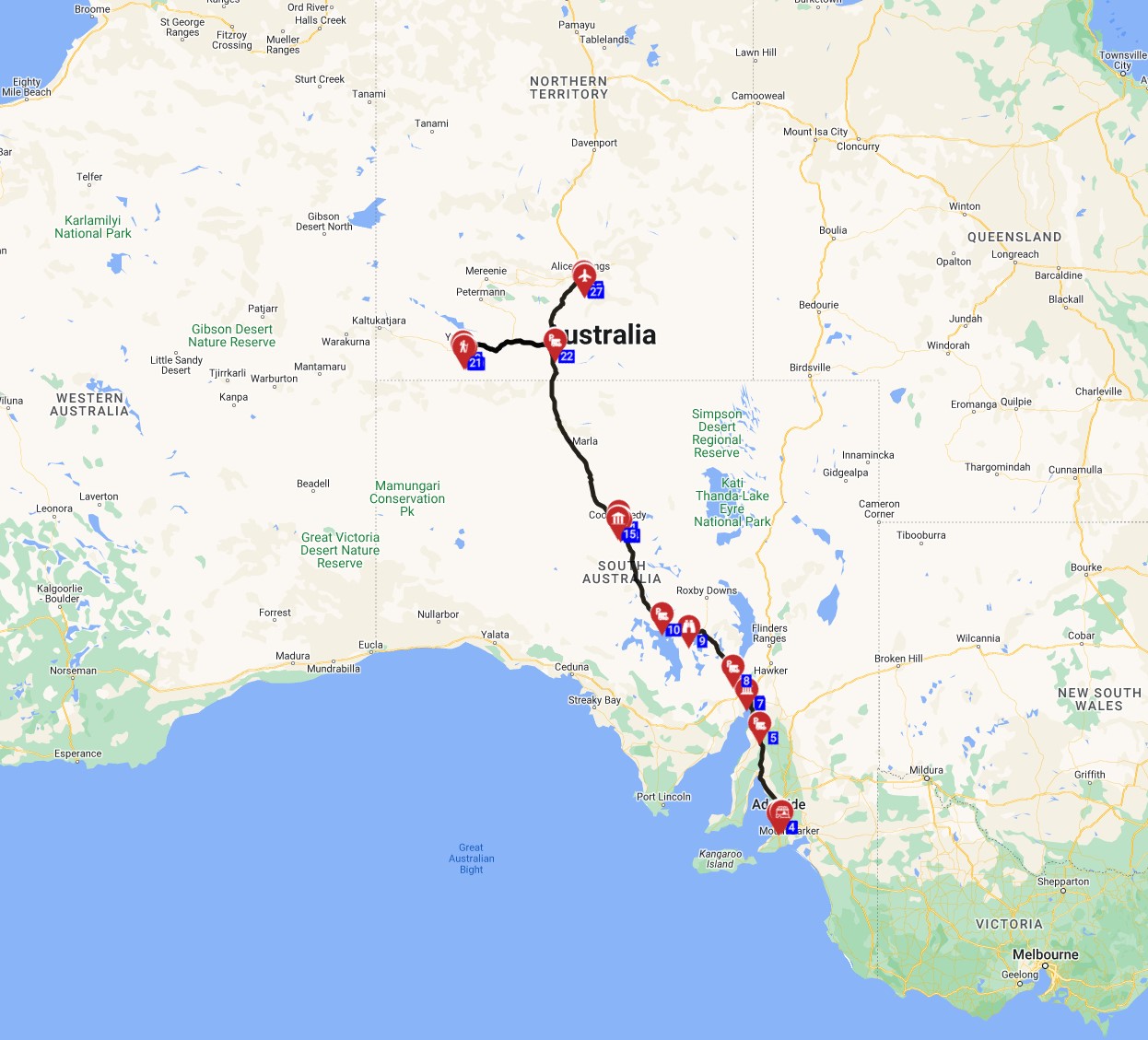 Map for Adelaide to Alice Springs - Central Australia Road Trip